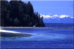 Shark Spit, Marina Island and mountains of Strathcona Park, Vancouver Island