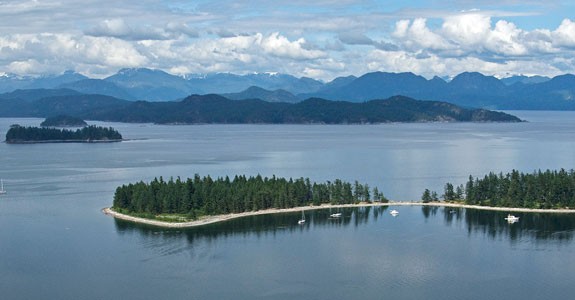 Aerial view of Rebecca Spit, Quadra Island, Discovery Islands, British Columbia, Canada